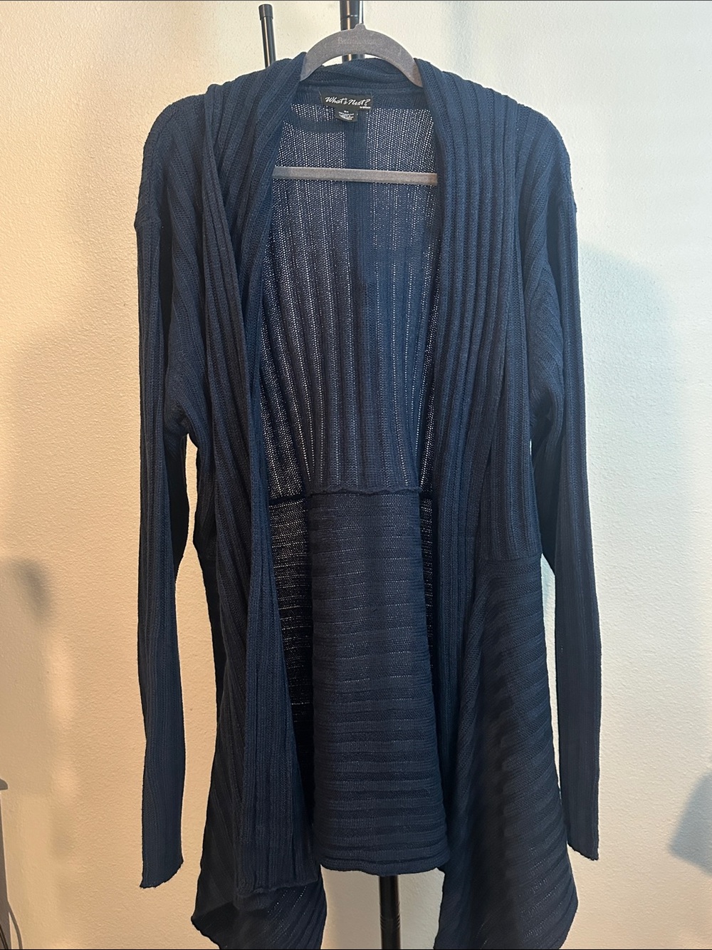 Open-Front Navy Ribbed Draped Cardigan